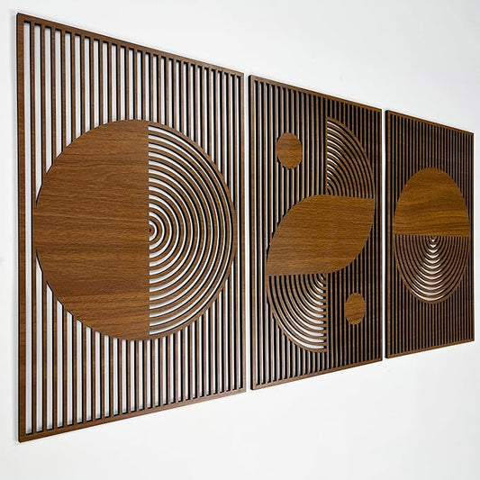 Boho Wood Wall Art Bauhaus Style, Abstract Wooden Wall Art, Large Mid Century Modern Decor, 3 Geometric Wood Wall Panel Set, Home Gift