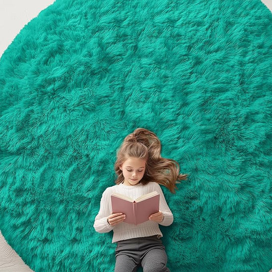 OLANLY Teal Green Round Rugs for Bedroom - Machine Washable, 9 ft Circle Area Rugs for Living Room, Soft and Fluffy Shaggy Carpet for Teen Girl and Boys, Nursery Rooms, Dorms, Home Decor Aesthetic