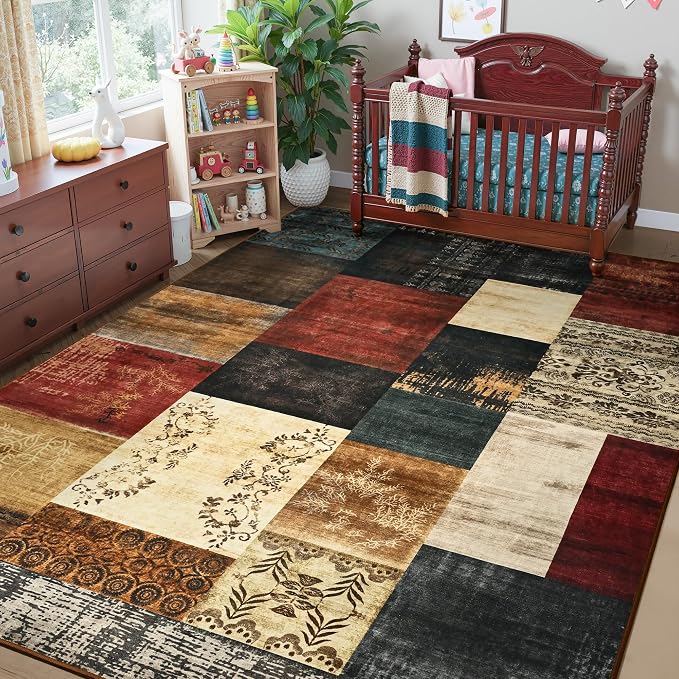 Tepook Modern Area Rug for Living Room, 4x6 Geometric Large Rugs for Bedroom, Washable Patchwork Rug Indoor Non-Slip Throw Carpets for Dining Room Office Farmhouse Home Decor, Multi