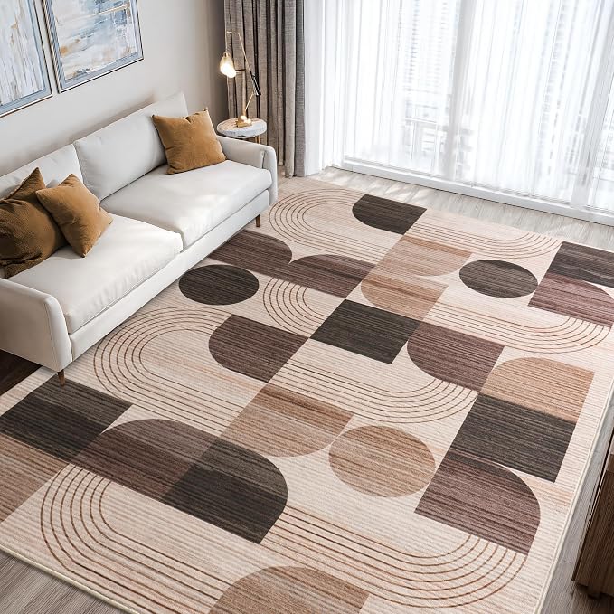 Large Machine Washable 9x12 Area Rug, Soft Modern Geometric Abstract Brown Rugs for Bedroom Living Room, Non-Shedding Faux Wool Indoor Throw Floor Carpet for Office Entryway Dining Room Decor