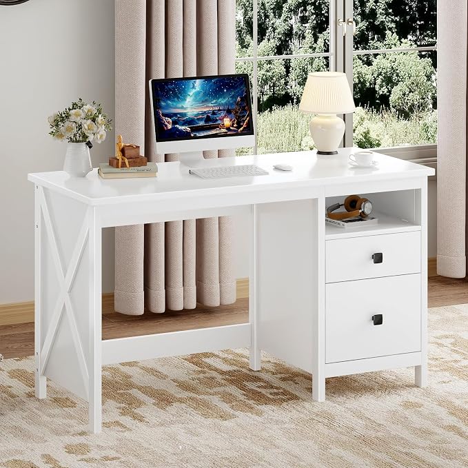 BHG Farmhouse 47" Executive Desk,Modern White Computer Desk with Storage Drawers for Home Office, Makeup Vanity Desk Dressing Table for Bedroom,Filing Cabinet Writing Table PC Desks for Study