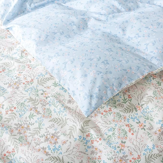HoneiLife Wildflower Duvet Cover Queen - 100% Cotton Comforter Cover Sets, 3-PC Comfortable Floral Bedlinen Set, Botanical Duvet Cover with Zipper Closure & Corner Ties