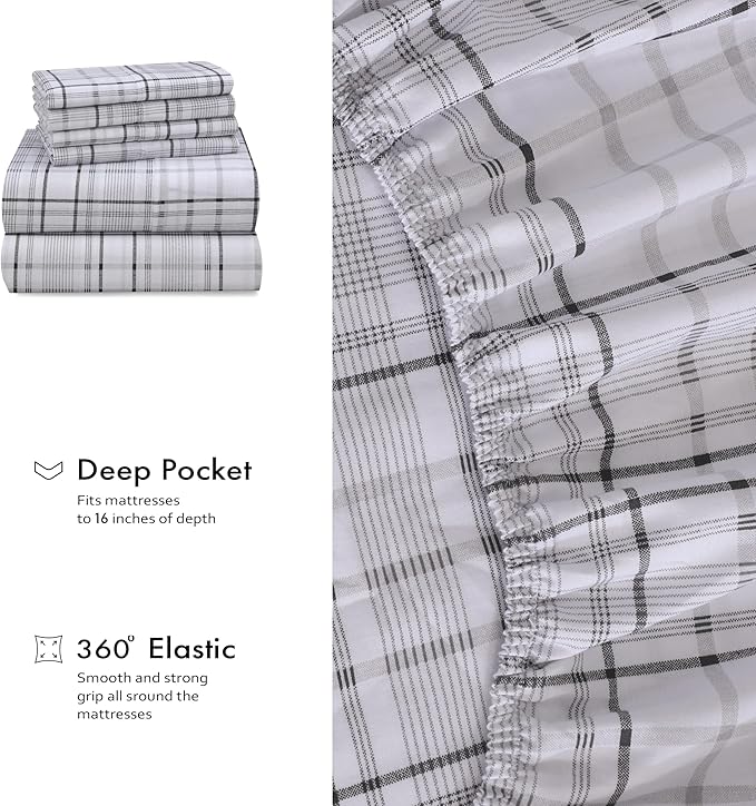 RUVANTI 100% Cotton Percale Sheets King Size 6 Piece Set, Cooling Bed Sheets for Hot Sleepers, Deep Pocket 16”, Breathable Lightweight & Durable, Crisp Hotel Style Sheets, Open Check