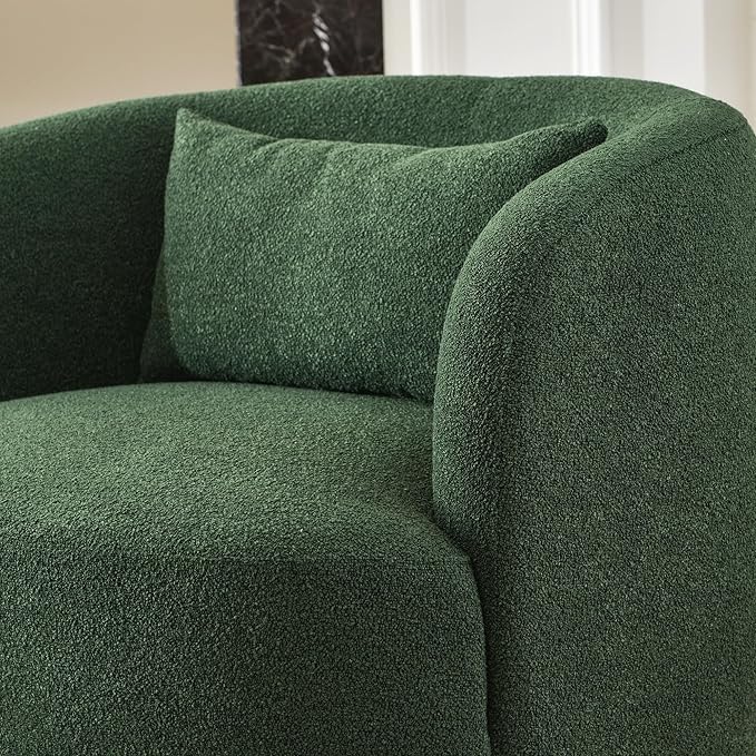 KINWELL 34" Wide Boucle Swivel Barrel Chair, No Assembly Round Upholstered Armchair Accent Chair Single Sofa Chair with Toss Pillow for Living Room and Bedroom, Green