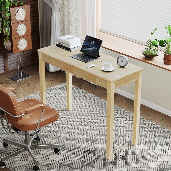Solid Wooden Desk with Drawers - 39 x 16 Inch Rubberwood Narrow Desks, Simple Modern Study Table, Small Writing Desk for Bedroom|Small Spaces - Natural Boho Desks
