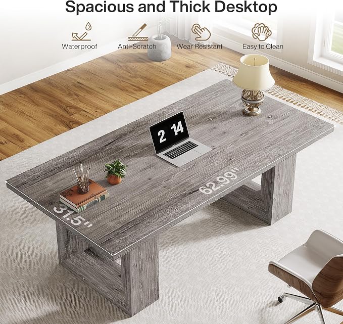 Tribesigns 62.99" Home Office Desk, Large Farmhouse Executive Desk, Computer Table for Office, Conference Room (Grey)