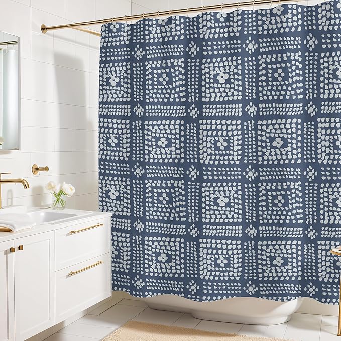 Modern Blue Shibori Print Shower Curtain - Boho Geometric Dot Pattern - Mudcloth Design - Decorative Fabric Shower Curtain for Any Bathroom - 72x72 Inches (Shibori)