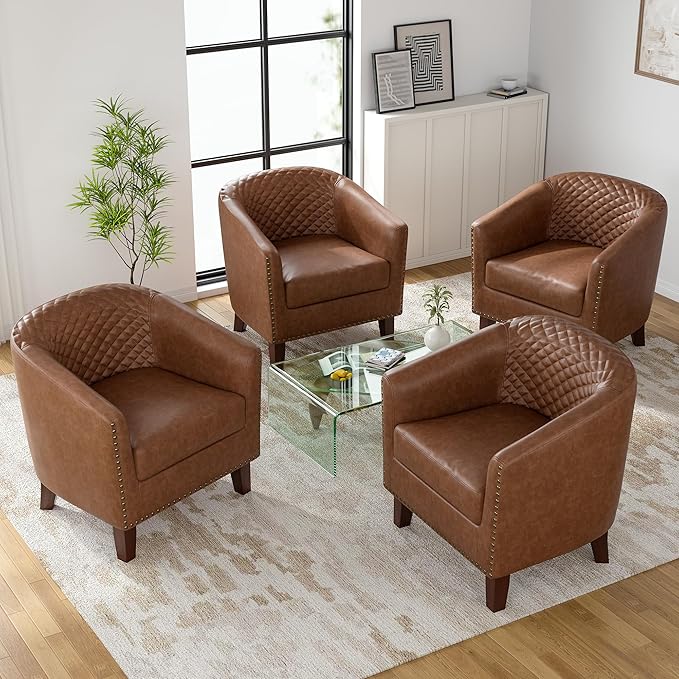 UIXE PU Leather Barrel Accent Chairs Set of 4, Modern Upholstered Armchair Round Club Chair for Living Room, Comfy Nailed Trim Arm Chair Bedroom Side Reading Seat - Brown