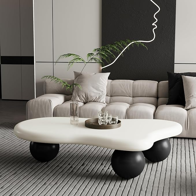 40" Modern Coffee Table Cloud Shape Low Center Table Cute Irregular Indoor Tea Table with 3 Ball Legs for Living Room Small Space