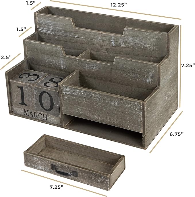 BLU MONACO | Dark Wooden Mail Organizer with Block Calendar | Two-Tier Mail Sorter, Drawer & Accessory Compartment | Desktop Organizer for Home or Women’s Office