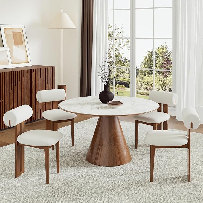 Upholstered Kitchen & Dining Room Table Chairs Set of 2, Solid Wood Walnut Mid Century Dining Chairs with Boucle Upholstery, Cylindrical Backrest for Vanity, Living Room, Office, White & Walnut