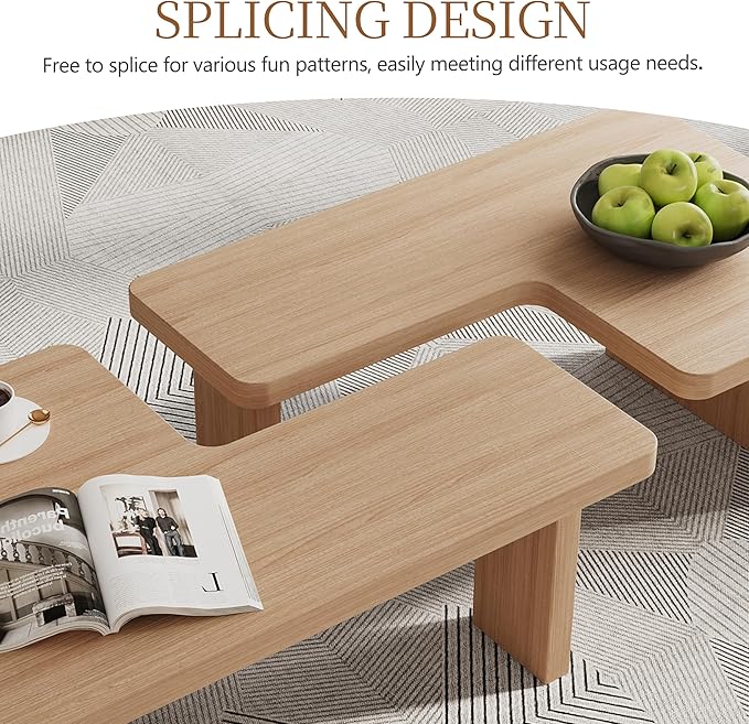 Modular Modern Coffee Table for Living Room, Free Adjustable Shape, Minimalist Square Living Room Tea Table, Light Wood Nesting Table Set of 2