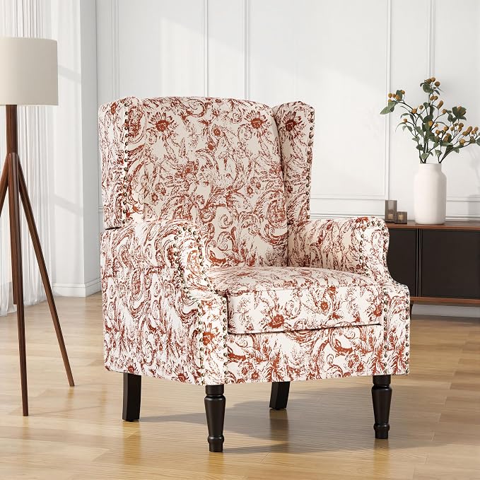 High Back Floral Accent Chair, Fabric Wingback Chair Upholstered Armchair for Living Room - Rococo Orange