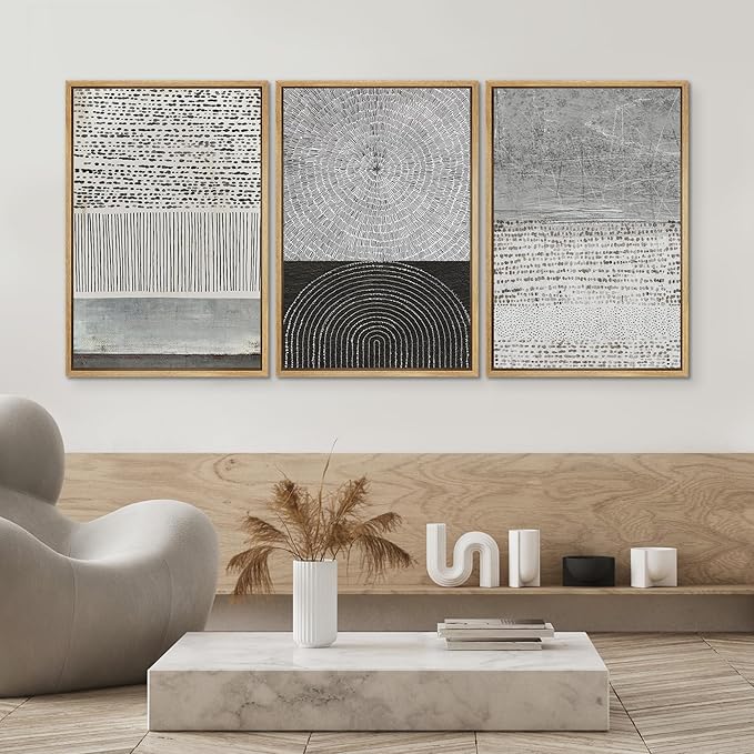 SIGNWIN Framed Canvas Print Wall Art Set Industrial Black & Gray Collage Abstract Geometric Illustrations Minimalism Modern Art Decorative Boho for Living Room, Bedroom, Office - 16"x24"x3 Natural