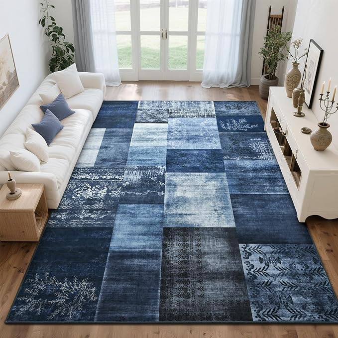 Tepook 9x12 Blue Area Rugs for Living Room, Modern Large Geometric Rug for Bedroom, Washable Patchwork Rug Indoor Non Slip Throw Carpets for Dining Room Office Farmhouse Home Decor
