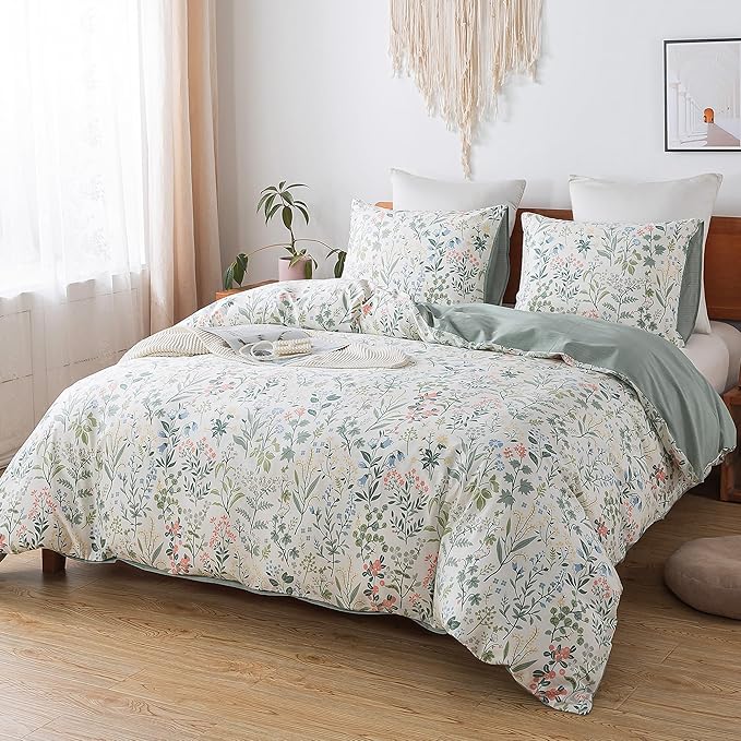 HoneiLife Duvet Cover Twin Size - 100% Cotton Comforter Cover Floral Duvet Cover with Zipper Closure & Corner Ties,2-PCS Wildflower Comforter Cover Sets- Fragrant Grass