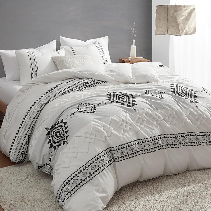 Oli Anderson Boho Duvet Cover Set Queen Size, Black and White Color Clash 3 PCS Microfiber Bedding Set, Durable and Super Soft Duvet Covers with Zipper and Ties, 90"*90"