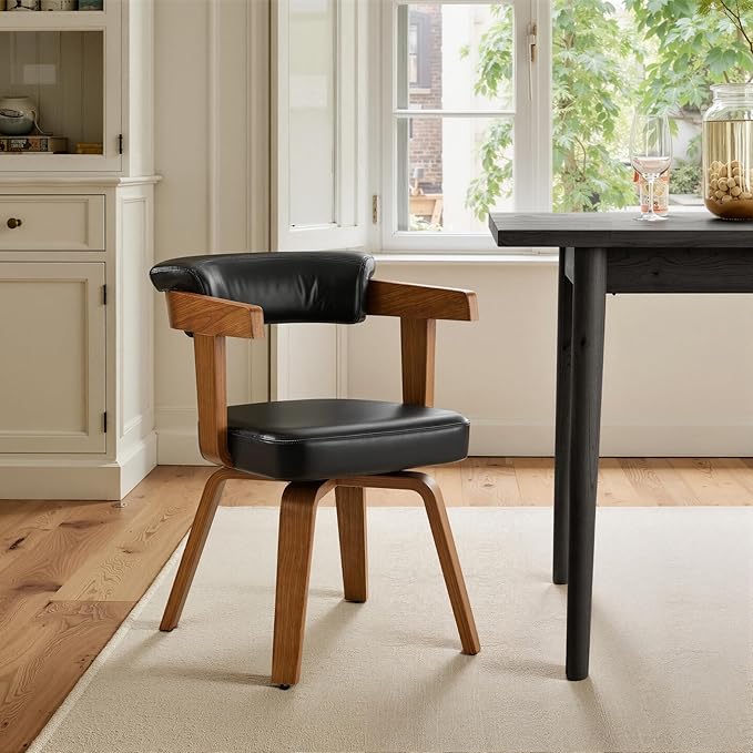 Art Leon Home Office Desk Chair - Mid Century Modern Chair, Faux Leather Office Chair No Wheels, Comfy Accent Arm Chair with Wood Legs for Small Spaces Living Room Bedroom Study, Black/Walnut