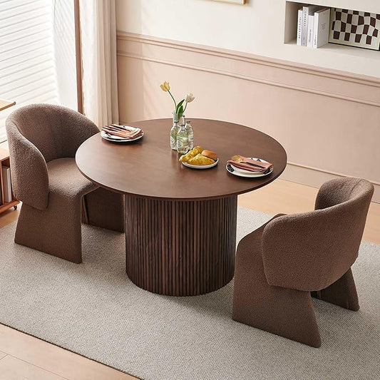 NORDICANA 3-Piece Round Dining Table Set for 2, Rustic 47-Inch Kitchen Table and Chair Set, Dining Set with Brown Upholstered Armchairs, Manufactured Wood Top with Walnut Veneer