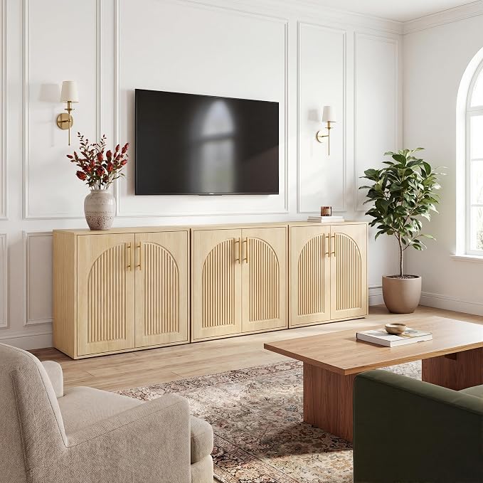 Fluted Sideboard Buffet Cabinet with Storage, Arched Doors & Adjustable Shelves, Modern Accent Credenza, Anti-Tip Console Cabinet for Living Room, Entryway, Hallway & Kitchen,Natural Oak