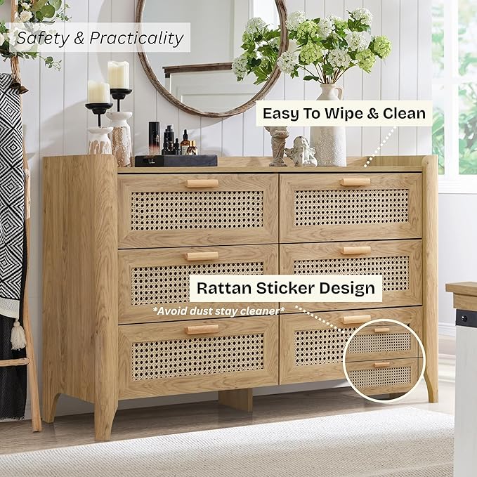 ELISA HOME Rattan-Inspired 6 Drawer Dresser for Bedroom, 47.2″ W Modern Wide Chest of Drawers, Wood Storage Organizer for Clothes, Entryway, Hallway, Nursery or Living Room, Oak