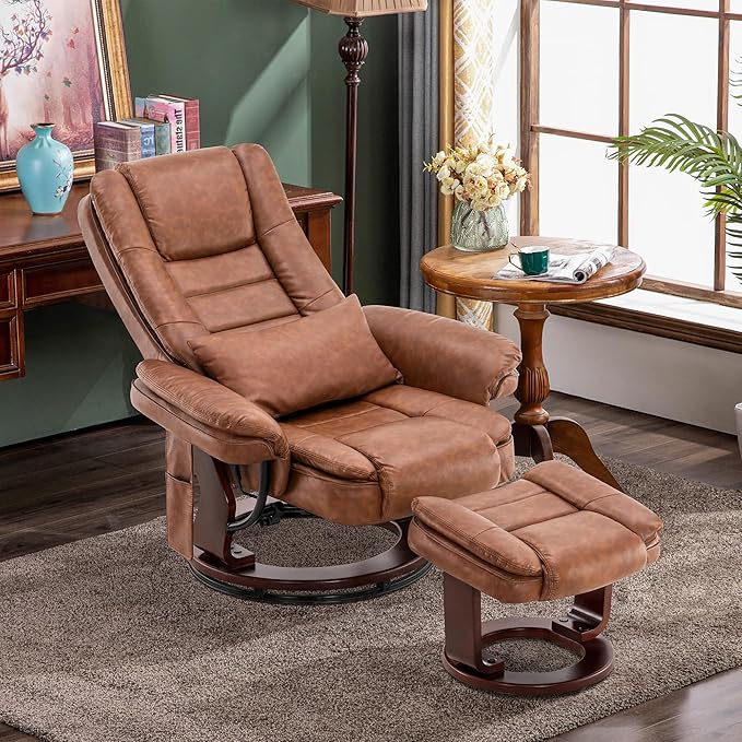 MCombo Swivel Recliner with Ottoman Chair, TV Chair Sets with Vibration Massage, for Small Space Living Room Bedroom 9096 9099 (Faux Leather, Saddle)