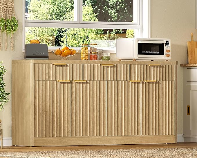usikey 55” Large Buffet Cabinet with Storage & Drawers, Sideboard Cabinet with 2 Adjustable Shelves & 4 Doors, Coffee Bar Station, Kitchen Storage Cabinets, Natural