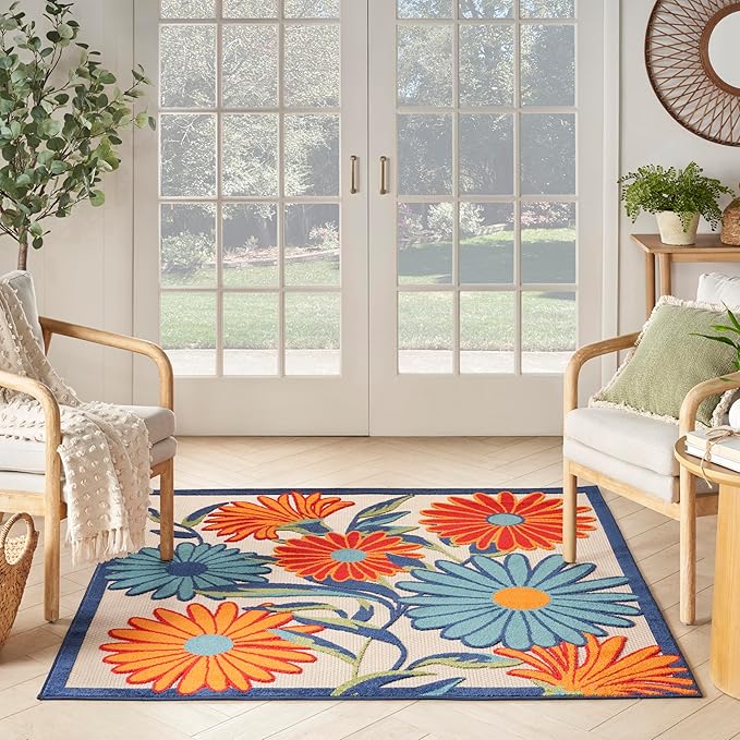 Nourison Home Aloha Multicolor 5'3" x Square Area Rug - Easy Clean, Non Shedding, Bed Room, Living Room, Dining Room, Kitchen (5' x Square)