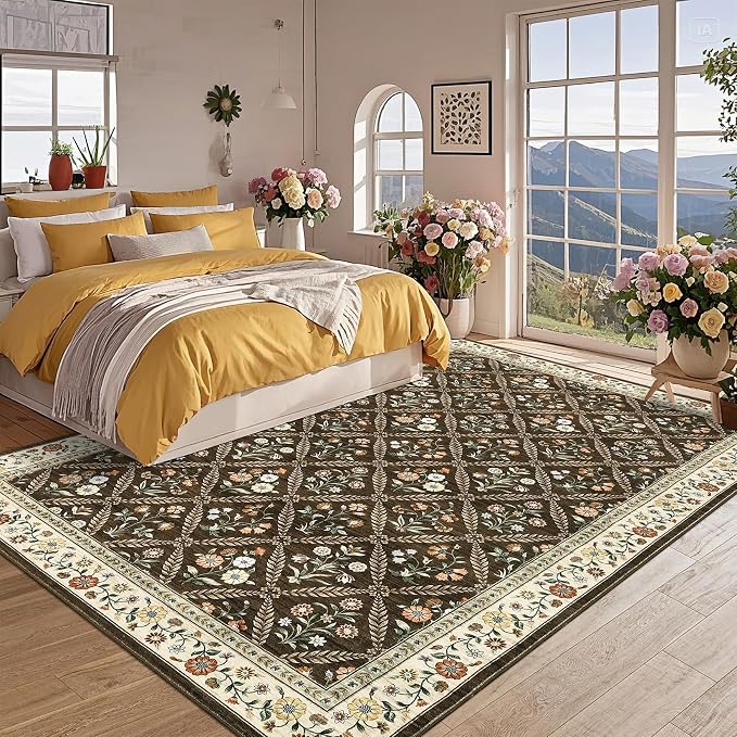GarveeHome 6x9 Machine Washable Area Rugs for Living Room Floral Stain Resistant Soft Carpet Vintage Low Pile Non Slip Non-Shedding Floor Carpet Rugs for Bedroom Nursery Brown
