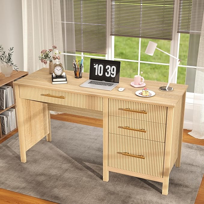 Executive Desk with Drawers: 54" Oak Desk with File Cabinet, Home Office Desks with Storage, Modern Desks with File Drawer, Fluted Wood Computer Table (54")