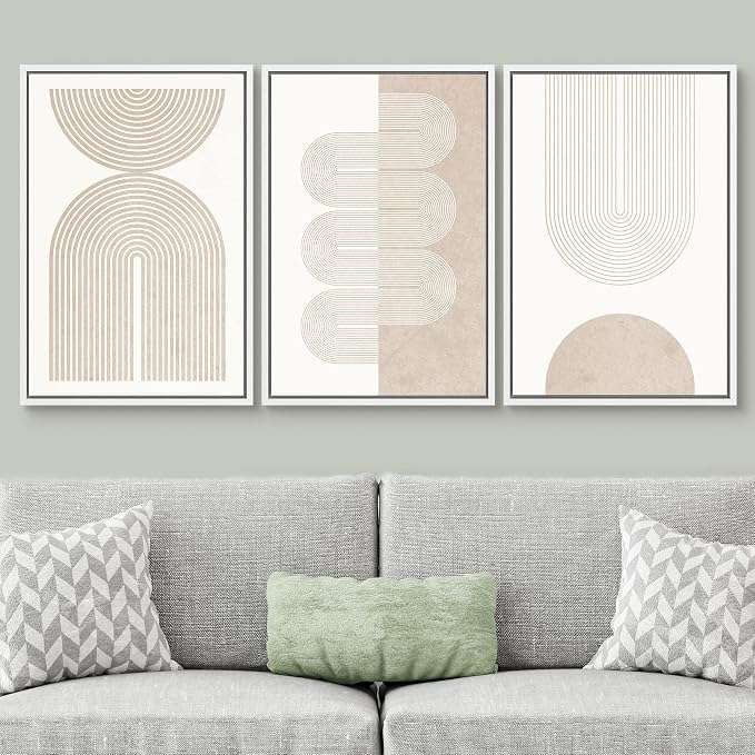 SIGNWIN Framed Canvas Print Wall Art Set Geometric Duotone Tan Spiral Waves Shapes Abstract Illustrations Modern Art Decorative Nordic Calm/Zen for Living Room, Bedroom, Office - 24"x36"x3 White