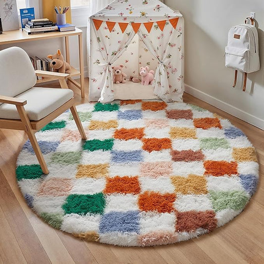 Checkered Rug 6x6 for Living Room, Modern Neutral Shag Rug Washable Non-Slip Large Area Rug Super Soft Indoor Fuzzy Carpet Fluffy Rugs for Bedroom Home Aesthetic Decor