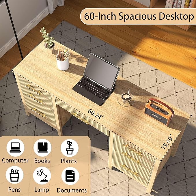 Modern Executive Desk with Drawers: 60" Oak Home Office Desks with File Drawers, Wood Fluted Computer Writing Desk for Work, Study, and Living Room (60")