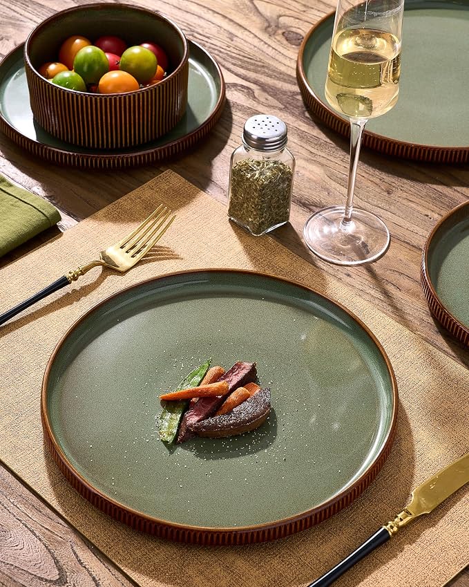 Stoneware Dinnerware Sets, Handcrafted Double Reactive Glaze Plates and Bowls for Everyday & Formal Dining, Microwave & Dishwasher Safe, Scratch Resistant Dishes Service for 4 (12-Piece), Moss Cocoa