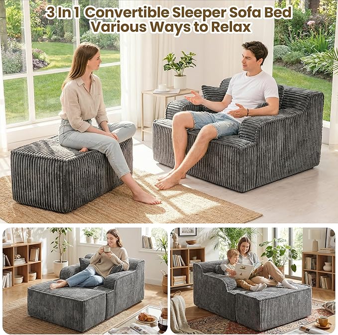 Chaise Lounge Chair Indoor,Boneless Chair with Ottoman,Comfy Reading Chair for Adults,Small Sofa Bed Couch for Living Room,Single Sleeper Chair Bed,Grey