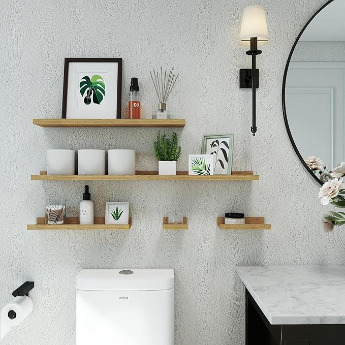 Small Floating Shelves for Wall Decor, Wall Mounted Wood Shelf for Bedroom, Living Room, Bathroom, Kitchen, Nursery, Mini Display Ledge Shelf with Lip Set of 2-4 Inches, Oak