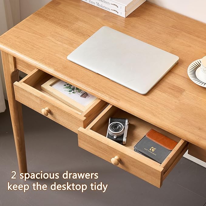 47" Solid Wood Desk with Drawers,Mid Century Modern Natural Real Wood Writing Desk,Home Bedroom Computer Office Workstation Desks,Small Spaces,Wood Color