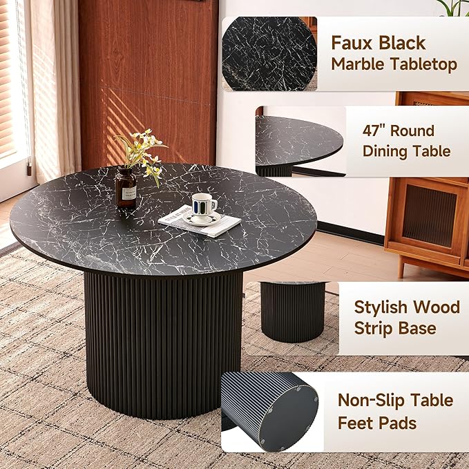 Howtek 47″ Round Dining Table Set for 4-6 People, 5 Piece Modern Kitchen Table with Faux Black Marble Wood Grain Finish & 4 PU Leather Upholstered Dining Chairs（Curved Backrest & Solid Wood Legs ）