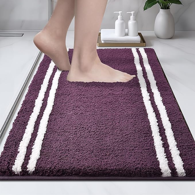 PURRUGS Bathroom Rug Non-Slip Machine Washable 20" x 30", Super Absorbent and Quick Dry Shaggy Microfiber Bath Mat, Extra Soft and Plush Bath Rug for Bathtub, Shower, and Sink, Purple