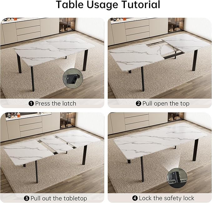 Extendable Dining Table Set for 6-8 People, 63 to 78.7 Inch MDF Kitchen Table with 8 Faux Leather Dining Chairs, Space-Saving for Dining Room, Breakfast Nook (White Table & 8 Black Chairs)
