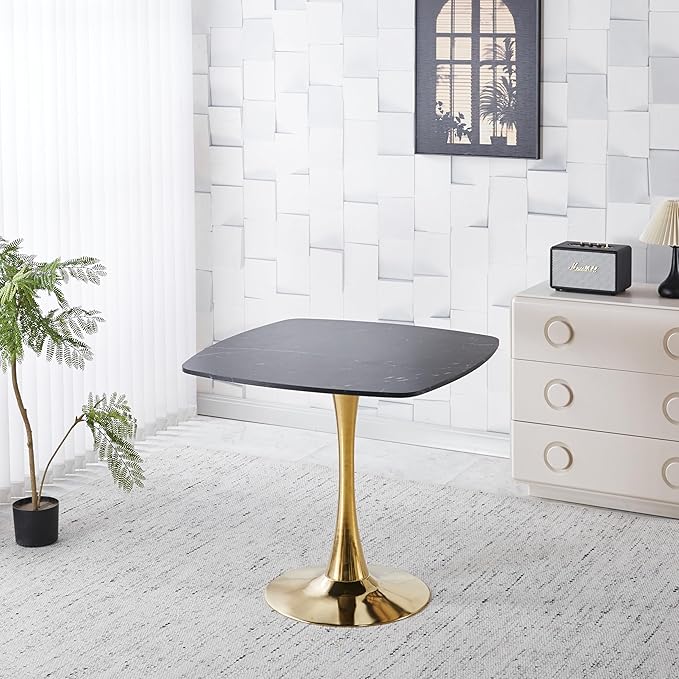 31.5 inches Square Dining Table for 4, Special Kitchen Table with Tulip Shape & Metal Pedestal Base, Mid Century Modern Bistro Black and Gold Tulip Table for Kitchen, Small Space, Cafe