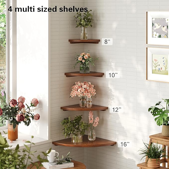 Floating Corner Shelves Walnut 12", Solid Oak Wall Mounted Wooden Display Storage Rack with Wire Hole for Plants, Photos, Speakers, Bedroom, Kitchen, Living Room Décor - 1-Pack