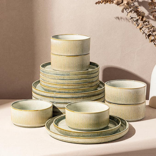 GBHOME 18-Piece Stoneware Dinnerware Set for 6 – Ribbed Ceramic Plates and Bowls, Scratch-Resistant, Microwave & Dishwasher Safe, Reactive Glaze, Desert Sage