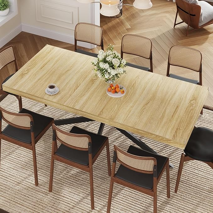 59In-78Inch Extendable Rectangular Dining Table for 6 8 People, Wood Long Dining Room Table W/Removable Leaves,Space Saving,Modern Dinner Table W/Waterproof Tabletop&Metal Legs for Kitchen Living Room