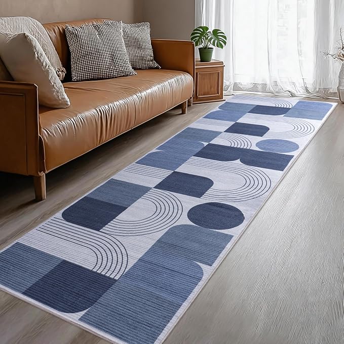 Machine Washable 2.7x8 Runner Rug, Soft Modern Geometric Abstract Blue Rugs for Bedroom Living Room, Non-Shedding Faux Wool Indoor Throw Floor Carpet for Office Entryway Dining Room Decor