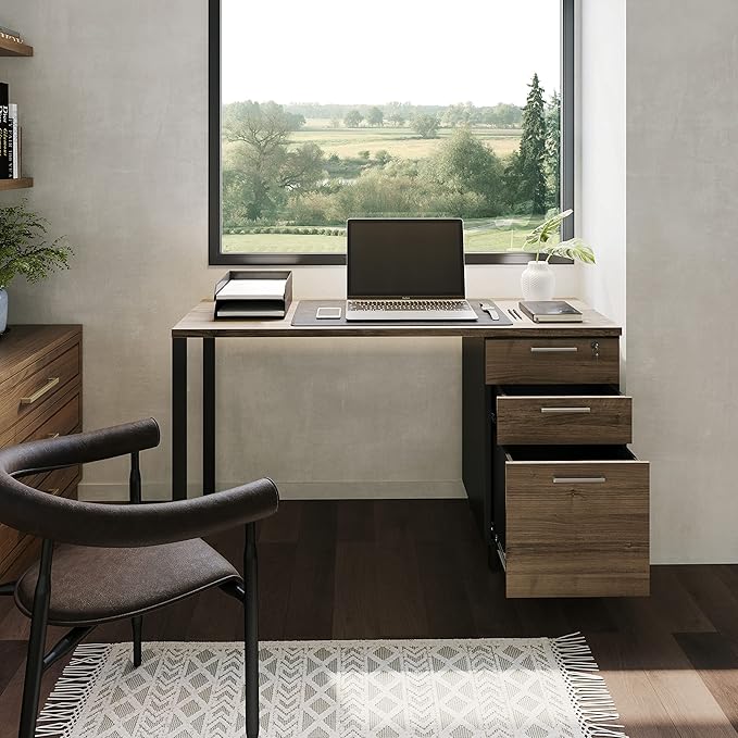 Modern Design Milano Office Computer Desk with 3 Locking Drawers, 48 Inch Walnut and Black Industrial Wood Desk with Filing Drawer and Storage by Crafts and Comfort