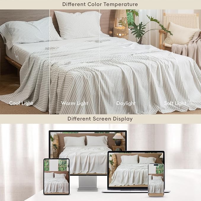 MooMee Striped Sheet Set 100% Washed Cotton Linen Like Textured Breathable Durable Soft Comfy (White Heathered Green Wide Stripes, Queen)