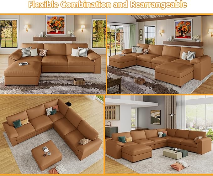 EASE MOOSE Oversized U Shaped Couch,Modular Sectional Convertible Sofa with Wide Deep,Extra Large Faux Leather Scratch Resistant Modern Couch for Big Spaces,Brown