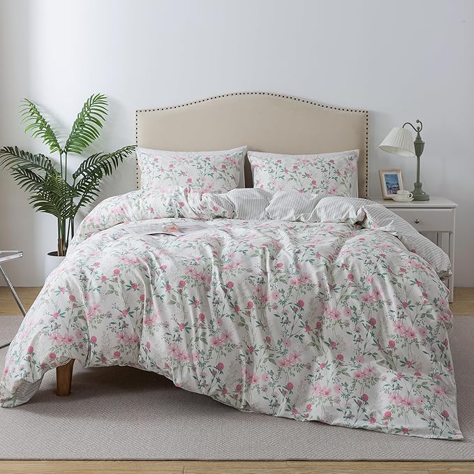 HoneiLife Cotton Duvet Cover King - Botanical Comforter Cover, 3-PC Bedlinen for Set with Zipper Closure & Corner Ties, Sweat-Absorption Comforter Cover Sets, Fuchsia‌
