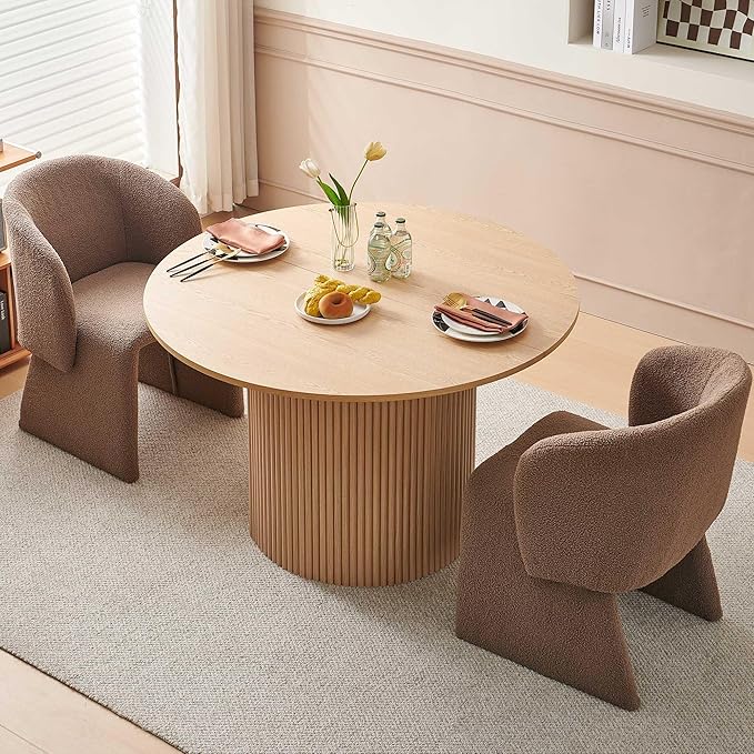 NORDICANA 3-Piece Round Dining Table Set for 2, Rustic 47-Inch Kitchen Table and Chair Set, Dining Set with Brown Upholstered Armchairs, Manufactured Wood Top with Oak Veneer